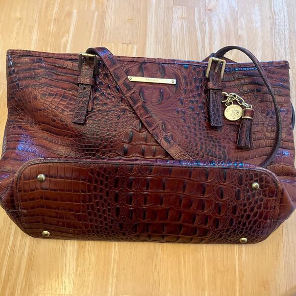 Brahmin Mini Asher Satchel Pecan Melbourne Leather Croc Embossed Shoulder Bag - Picture 1 of 13